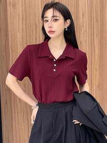 DAZY Solid Color Button Placket Henley Neck Ribbed Short Sleeve T-Shirt Summer,Business Casual Women - Burgundy - View 4