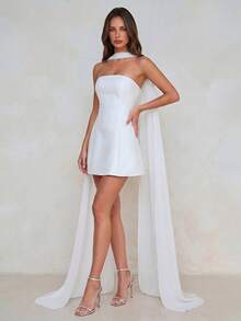 Aloruh Elegant, Luxurious, Romantic, Simple, Magnificent, Court Style, White, Satin, Off-Shoulder, A-Line Maxi Skirt, Ribbon, Belt-Tied Waist, Suitable For Bachelorette Party, Wedding, Graduation Ceremony, Vacation, Bridal Shower Dress - White - View 7