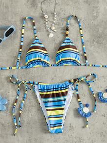Swim SXY Conjunto de bikini sexy con bloques de color tropical, top de triángulo con estampado de rayas azul, amarillo y marrón con decoración de cuentas y espalda con lazos, con Bottom tipo cheeky a juego, adecuado para vacaciones tropicales, festivales de música, fiestas en la playa - Multicolor - Ver 3