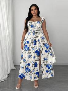 Maweii Plus Size Summer Floral Print Dress With Ruffle Hem And Side Slit Vacation White Boho - Multicolor - View 5