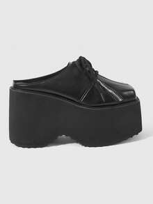 ROMWE Grunge Punk Giày sandal đế xuồng cao gót thời trang nữ, kiểu dáng punk mùa xuân thu, khóa kéo phía trước, buộc dây trang trí, một gót duy nhất, đa năng cho tiệc tùng, kỳ nghỉ, hộp đêm, hoạt động ngoài trời. - màu đen - Xem 6