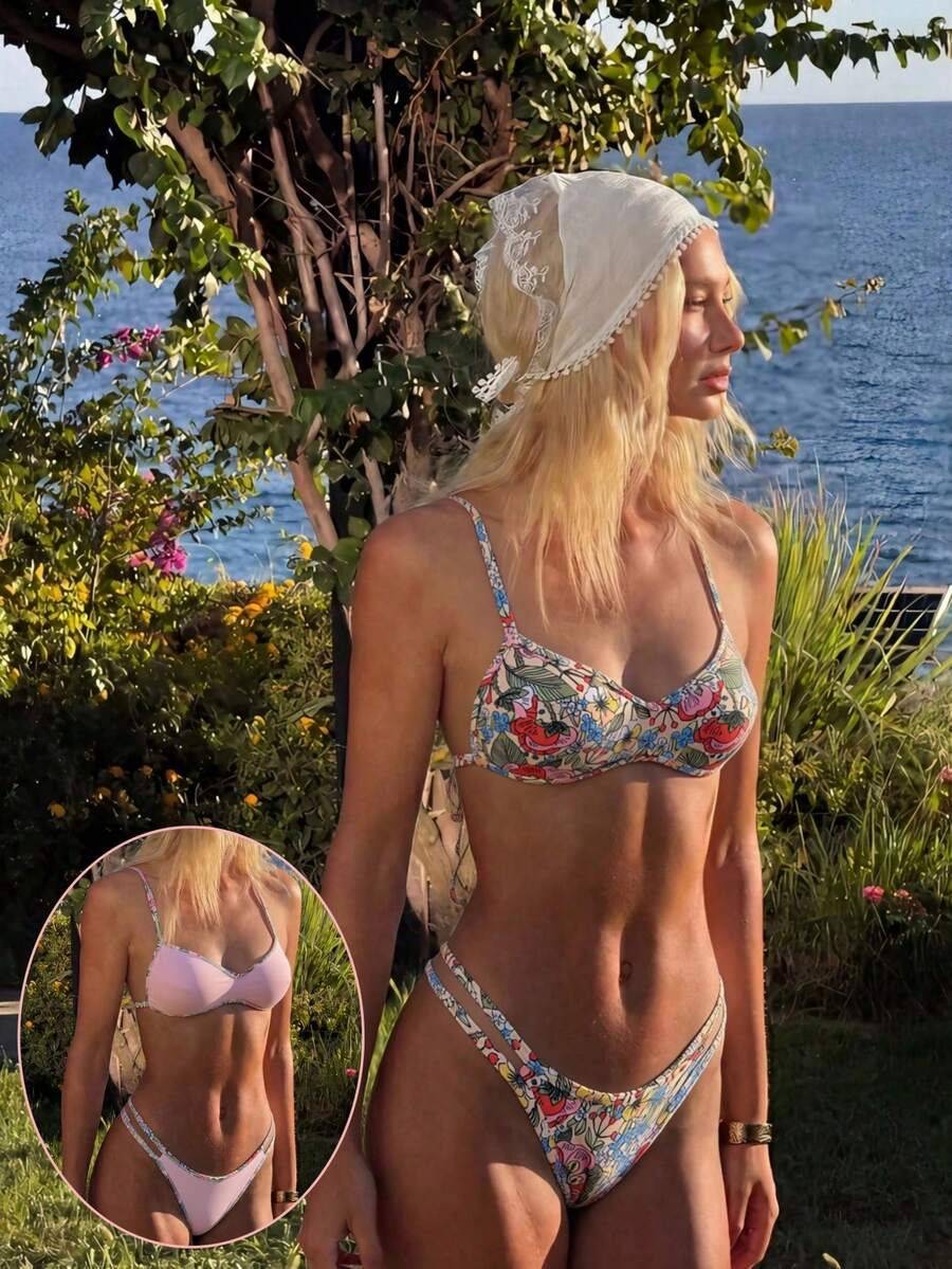 Swim Mod 2Pcs Swimsuit Set,Beige Summer Boho Beach Vacation Holiday Holiday Random Floral Print Halter Bikini Top And Side Tie Bikini Bottom Swimwear - Multicolor - View 1
