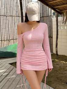 DAZY 女款夏季不對稱單肩抓皺繫帶沙灘罩衫，性感透視泳衣披肩長袖 - 淺粉色 - 查看 3