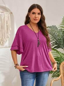 Rosumi Plus Size Women Solid Color Casual Versatile Daily Wear T-Shirt - Hot Pink - View 1