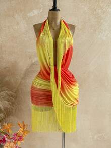 Soleia Women's Orange And Yellow Halter Backless Tassel Design Fashion Date Night Out Party Mini Dress Summer - Burnt Orange - View 7