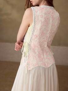 MOTF PREMIUM SPRING/SUMMER NEW ARRIVAL COLORBLOCK EMBROIDERED MESH SPLICE DIAMOND CHIFFON TRIM FITTED SLEEVELESS ROUND NECK WOMEN SHORT DRESS - Pink - View 4