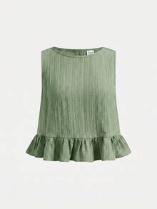 SHEIN 少女春夏休闲度假时尚编织纹理绿色无袖上衣搭配直筒裤套装，适合度假、派对、优雅场合、返校季、春季户外野餐、日常穿着。 - 綠色 - 查看 5