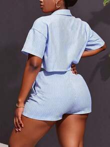 Maweii Plus Size Women Striped Short Sleeve Shirt And Shorts Casual 2 Pieces Set - Multicolor - View 2