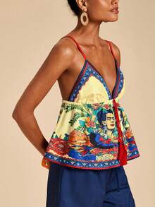 Travachic Frida Kahlo X SHEIN Damen Blumen- & Gesichts-Muster plissiertes, vielseitiges Urlaubs-Camisole Top - Verschiedenfarbig - Übersicht 5