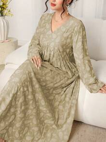 Al Najma Gaun Gaya Arab Model A-Line Lengan Panjang Berkerah V dengan Motif Retro Terbaru dan Pinggang Tinggi - Khaki - View 1