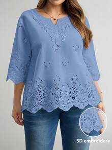 SHEIN LUNE 大码夏季休闲纯色镂空刺绣衬衫 - 淺藍色 - 查看 2