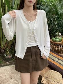 K-Vae Women's Spring/Summer Casual Everyday Commute Solid Color Lettuce Trim Single-Breasted Lightweight Cardigan - White - View 8