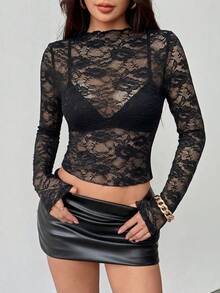 EgrlEra Women's Lace Elastic Peony Floral Sheer Sexy Top (Random Cut) - Black - View 4