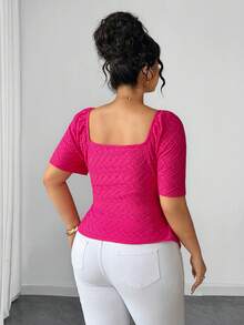 Elenzga Plus Size Women's Fashionable Elegant Square Neck Short Sleeve Cinched Waist Casual Pink T-Shirt - Hot Pink - View 2