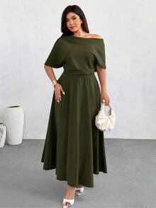 Firerie Plus Size Women Vacation Asymmetric Shoulder Fashionable Ruffle Dress - Army Green - View 7