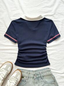 SHEIN 少女款海军蓝白领针织休闲撞色修身短款上衣，带小号Logo刺绣 - 藏蓝色 - 查看 2