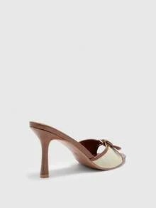 CUCCOO CHICEST 女款棕色與白色對比色PU玫瑰刺繡扣飾設計華麗時尚優雅高跟涼鞋 - 棕白 - 查看 3