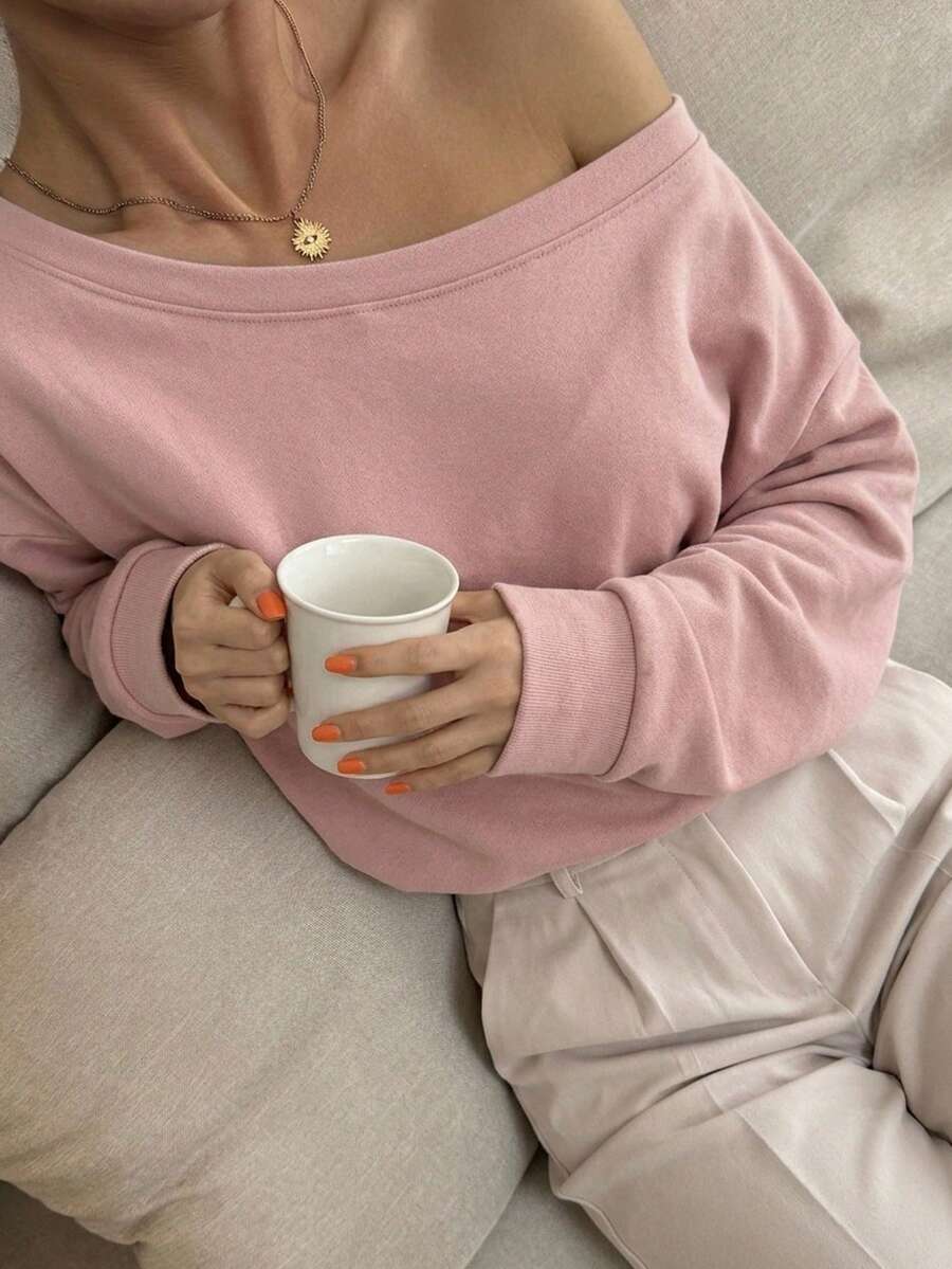 DAZY Ladies' Plain Asymmetrical Shoulder T-Shirt Long Sleeve Women Tops Off Shoulder Top - Pink - View 1