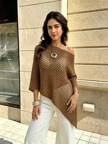 SHEIN Franclia 純色不對稱下擺鏤空透視套頭毛衣 旅行棕色調 夏季波希米亞復古休閒日常白天穿搭 - 咖啡棕 - 查看 6