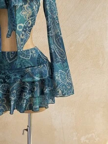 Soleia 女款復古花卉與字母印花長袖綁帶罩衫 + 迷你裙 2件套，休閒度假穿搭，適用於約會、下午茶、海灘、郵輪、城市旅行、音樂節、派對、波希米亞風、嬉皮風、西部風、日常通勤 - 彩色 - 查看 5