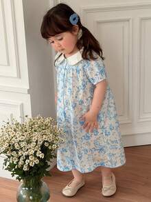 DAZY Robe décontractée pour bébé fille à imprimé floral, col Peter Pan, manches courtes, style vacances d'été - Bleu ciel - Voir 1