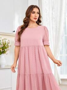 Al Najma Women's Round Neck Short Sleeve Chiffon Cutout Flared Hem Elegant Asian Romantic Plus Size Arabic Dress Wedding Summer - Pink - View 4