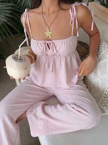 SHEIN EZwear 浅粉色梭织女士休闲吊带背心和裤子套装 - 淺粉色 - 查看 6