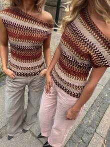 Firerie 女士优雅度假风多巴胺Y2K彩虹针织不对称肩部上衣 - 彩色 - 查看 7
