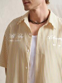 Manfinity Dauomo 男士條紋印花短袖襯衫 - 卡其色 - 查看 3