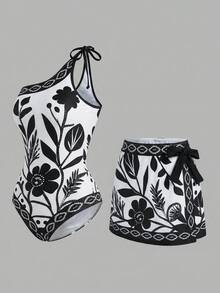Swim Oasis 26SS 女款春夏海灘度假優雅浪漫波西米亞熱帶葉花卉印花，不對稱肩單件泳衣 & 裹身式長裙，適合度假、海灘、下午茶、野餐、派對、日常穿著、休閒、戶外活動，時尚穿搭 - 米色 - 查看 5