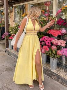 Sunnyshic Light Yellow Deep V-Neck Backless A-Line Maxi Dress,Floral Pattern Waist,Ruffle Hem Summer Tropical Vacation Holiday Beach Wedding Guest Travel - Yellow - View 1