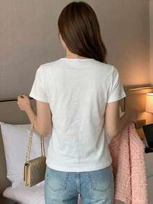 DAZY Women's Round Neck Solid Color Basic White Short Sleeve T-Shirt, Spring/Summer - White - View 7