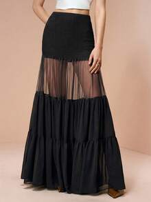 Arave Women's Chiffon Fabric With Safety Shorts, Multi-Layer Patchwork Maxi Skirt, Elegant For Party, Date - Black - View 3