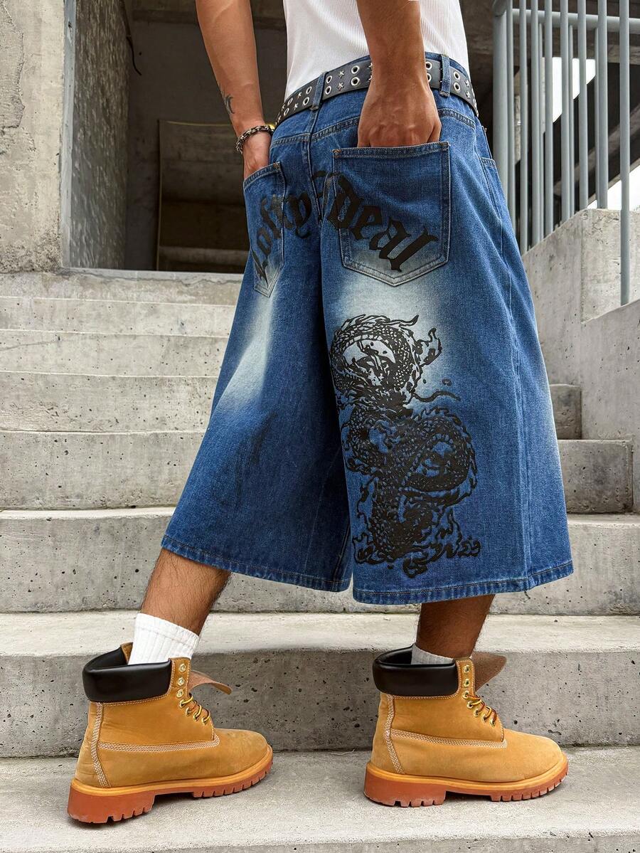 GALLERY FADE Quần denim capri nam phong cách đường phố trẻ in hình rồng - Rửa trung bình - Xem 1