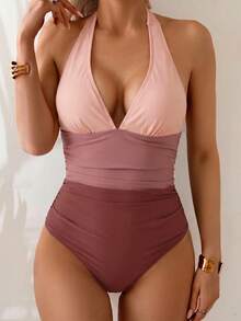 Shapewave Traje de baño de una pieza con control de abdomen, diseño de bloques de color, cuello halter y espalda cruzada - Multicolor - Ver 4