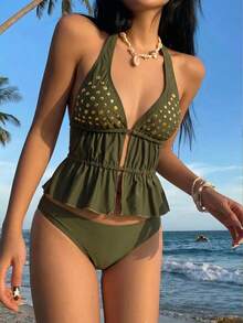 SHEIN MOD 女款夏季海灘度假鉚釘設計性感掛脖式分體式比基尼套裝 - 軍綠色 - 查看 2