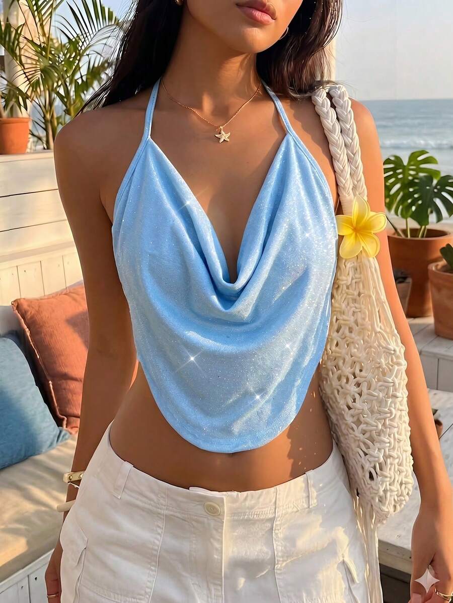 Firerie Top halter con frente drapeado y espalda descubierta para fiesta - Azul - Ver 1