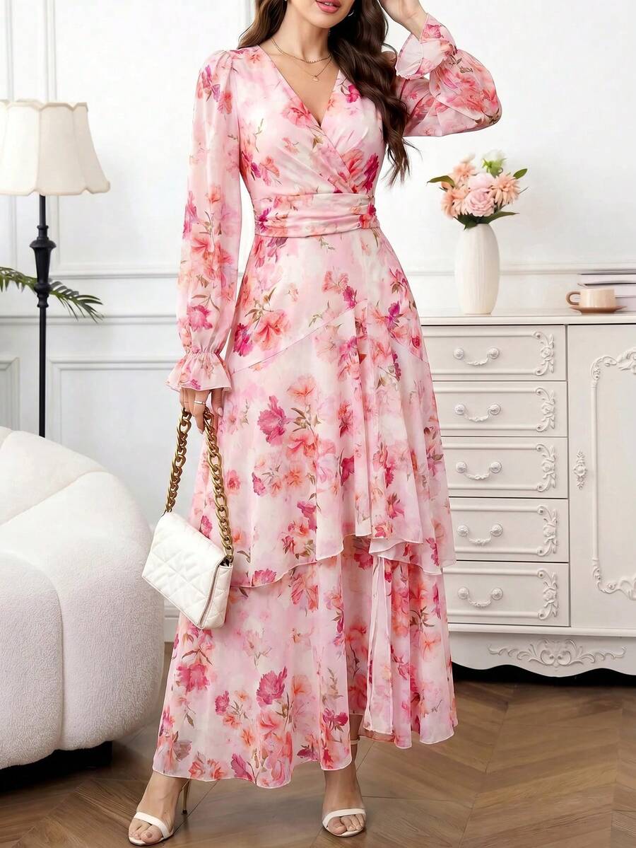 Amorya 女士优雅浪漫印花荷叶边连衣裙