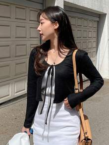 DAZY Solid Tie Front Crop Tee Long Sleeve Women Tops - Black - View 5
