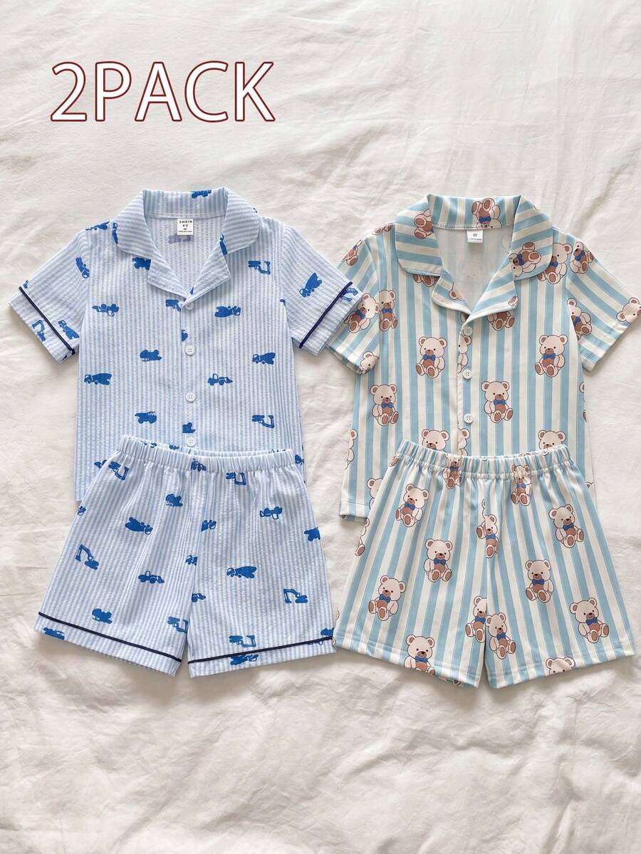 男童柔软舒适两件套:短袖上衣和短裤,梭织面料,小熊印花,春夏睡衣 - 藍色 - 查看 1