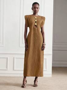 Aveloria Modichic Latte Color Textured Fabric Elegant High-End Party Dress With Hollow Shell Metal Buckle, Oversized Shoulder Design, Casual Vacation Commute Versatile - Coffee - View 7