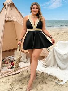 Swim Lushoire Plus Size Women 2pcs Solid Color Strap Patchwork Sexy Beach Beach Vacation Resort Bikini Swimsuit Summer - Black - View 4