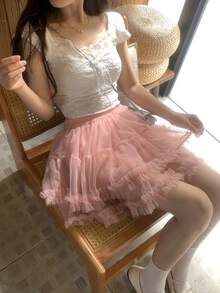 DAZY Women's Girly Mesh Korean Style Versatile Mini Skirt, Spring/Summer - Pink - View 9