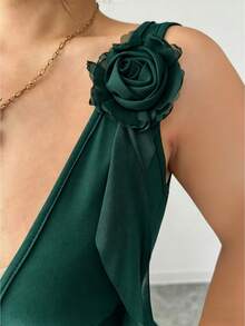 Rafferiza Women's Dark Green Summer 70s Night Out Party Dress,3D Floral Mesh Patchwork Deep V-Neck Bodycon Backless High Slit Ruffle Hem Mini Dress - Dark Green - View 2