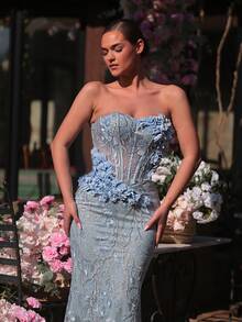 Glamrae Đầm quây màu xanh dương thanh lịch, lãng mạn, thời trang, trang nhã với chất liệu vải thêu, điểm xuyết hoa 3D thủ công, phần thân trên có gọng, chân váy đuôi cá, phù hợp cho các bữa tiệc sang trọng, trang phục dự đám cưới, tiệc độc thân, tiệc tối trang trọng. - Màu xanh lam - Xem 5