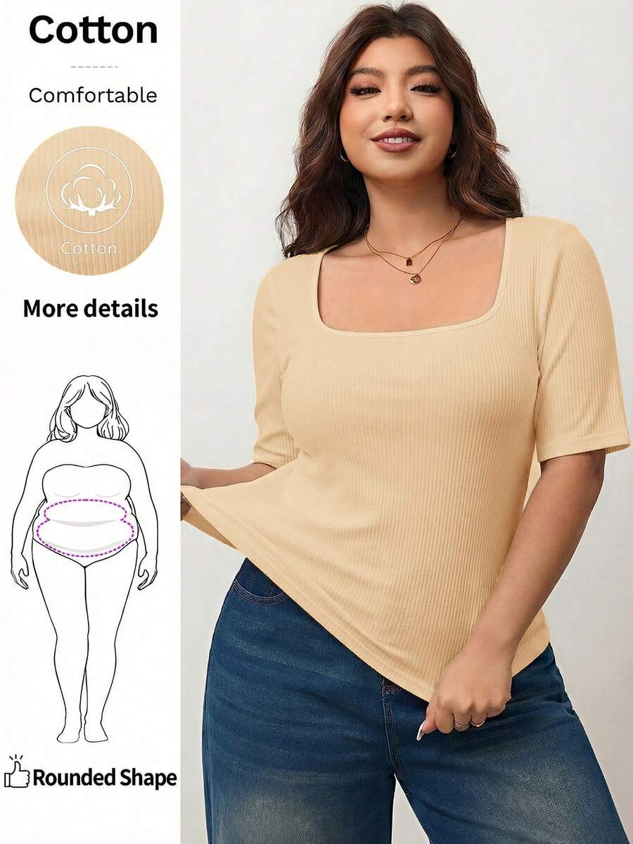 Enliva Kaos Wanita Ukuran Besar Elastis Tinggi Slim Fit Leher Persegi Lengan Pendek, Aprikot, Musim Panas, Kaos Ramah Kulit untuk Liburan dengan Bentuk Tubuh Bulat Apel - Aprikot - View 1