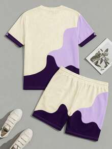 Sorvial Setelan Kaos Lengan Pendek Pria Kasual dengan Cetakan Huruf dan Warna Kontras serta Celana Pendek dengan Tali Pinggang, Modis untuk Liburan & Perjalanan Sehari-hari, Musim Panas, dan Hari Raya. - Purple - View 3