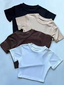 INAWLY New Women Plus Size Casual Waist Cinching Slim Fit Short Sleeve Knit T-Shirt Office Black Beige Chocolate Brown White Summer - Multicolor - View 1