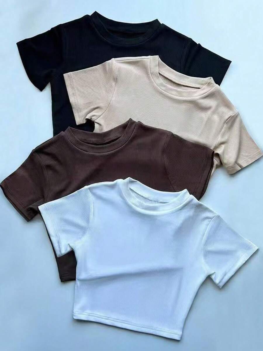 INAWLY New Women Plus Size Casual Waist Cinching Slim Fit Short Sleeve Knit T-Shirt Office Black Beige Chocolate Brown White Summer - Multicolor - View 1