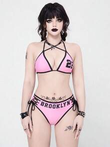 ROMWE Goth 女士优雅度假沙滩性感露背交叉可爱粉色数码印花金属孔眼比基尼套装，春夏秋季 - 粉色 - 查看 1